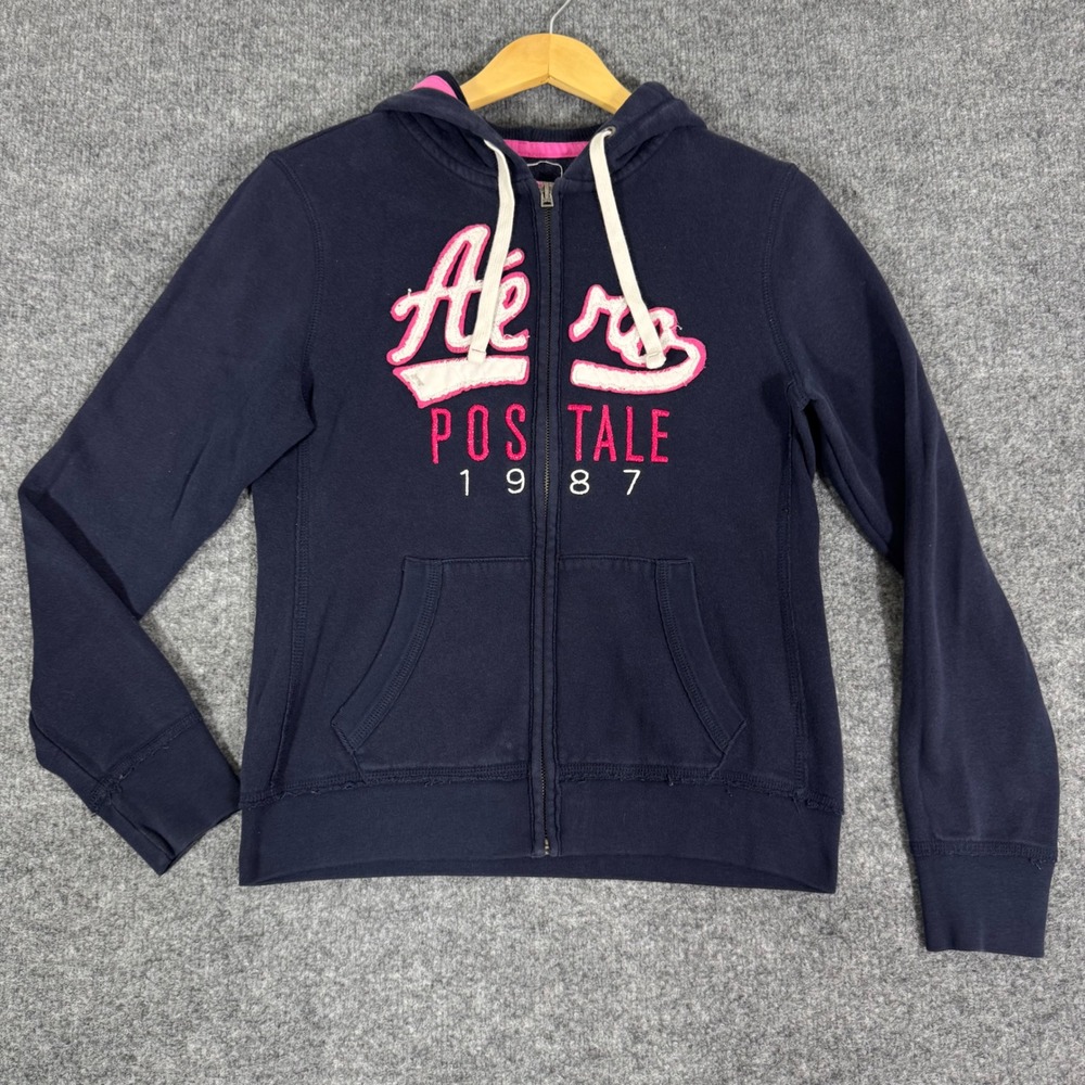 Y2K Aeropostale Hoodie Zip Up Graphic Logo Womens M Navy Blue Cotton Blend EUC - Picture 8 of 13